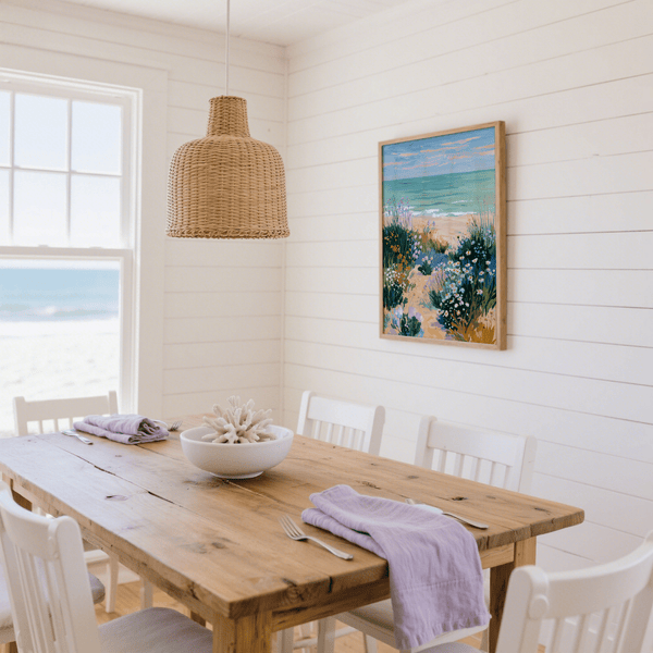 Modern art print, Coastal Flower Print blue purple beige, hallway