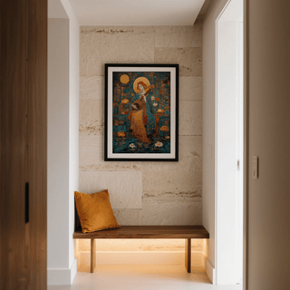 Living room setup showing vibrant orange and blue art piece