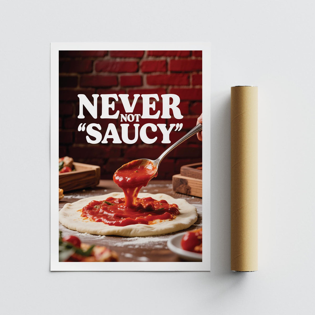 Humorous food decor in the form of pizza wall art with bold lettering.