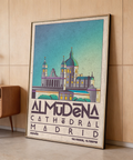 Madrid Poster illustrating cathedral façade in flat Green, Blue, Beige palette
