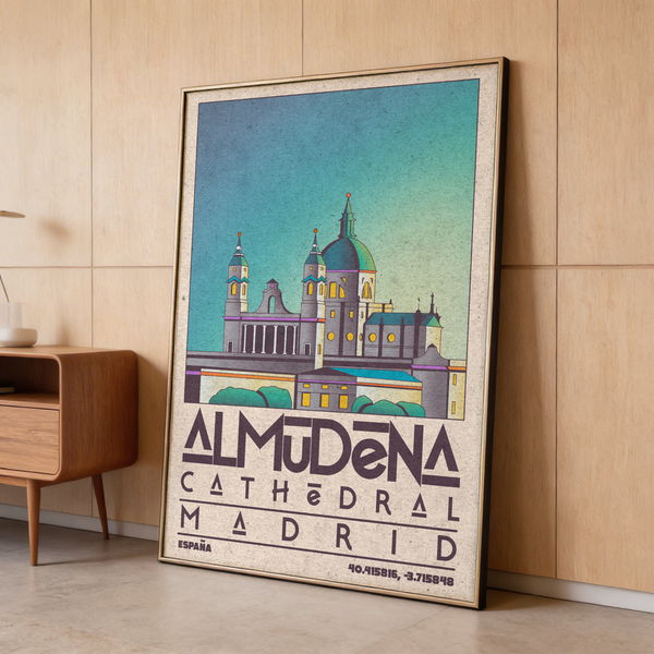 Madrid Poster illustrating cathedral façade in flat Green, Blue, Beige palette