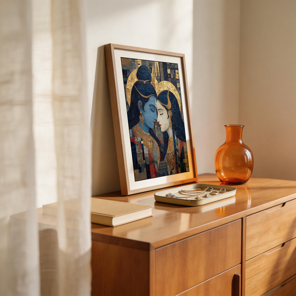 Close-up Pic of Shiva and Parvati Wall Art print showing two faces touching with patterned mosaic background