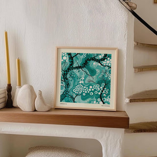 Tranquil teal abstract wall art featuring layered dots and soft forms