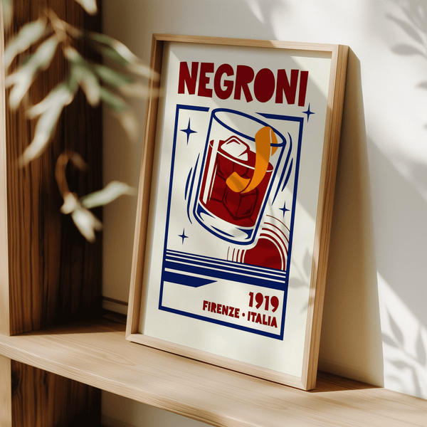 Home bar decor with Negroni Cocktail Print in Orange Red Blue tones
