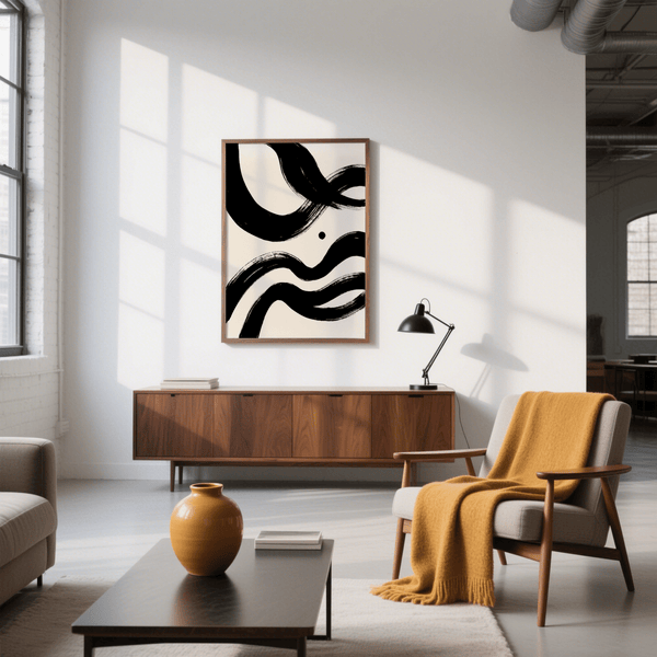 black and white paintings abstract wall print with dynamic shapes, home gallery