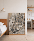 Urban Dubai Street Art print with bold “DUBAI” text across cartographic blocks