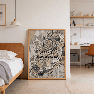 Urban Dubai Street Art print with bold “DUBAI” text across cartographic blocks