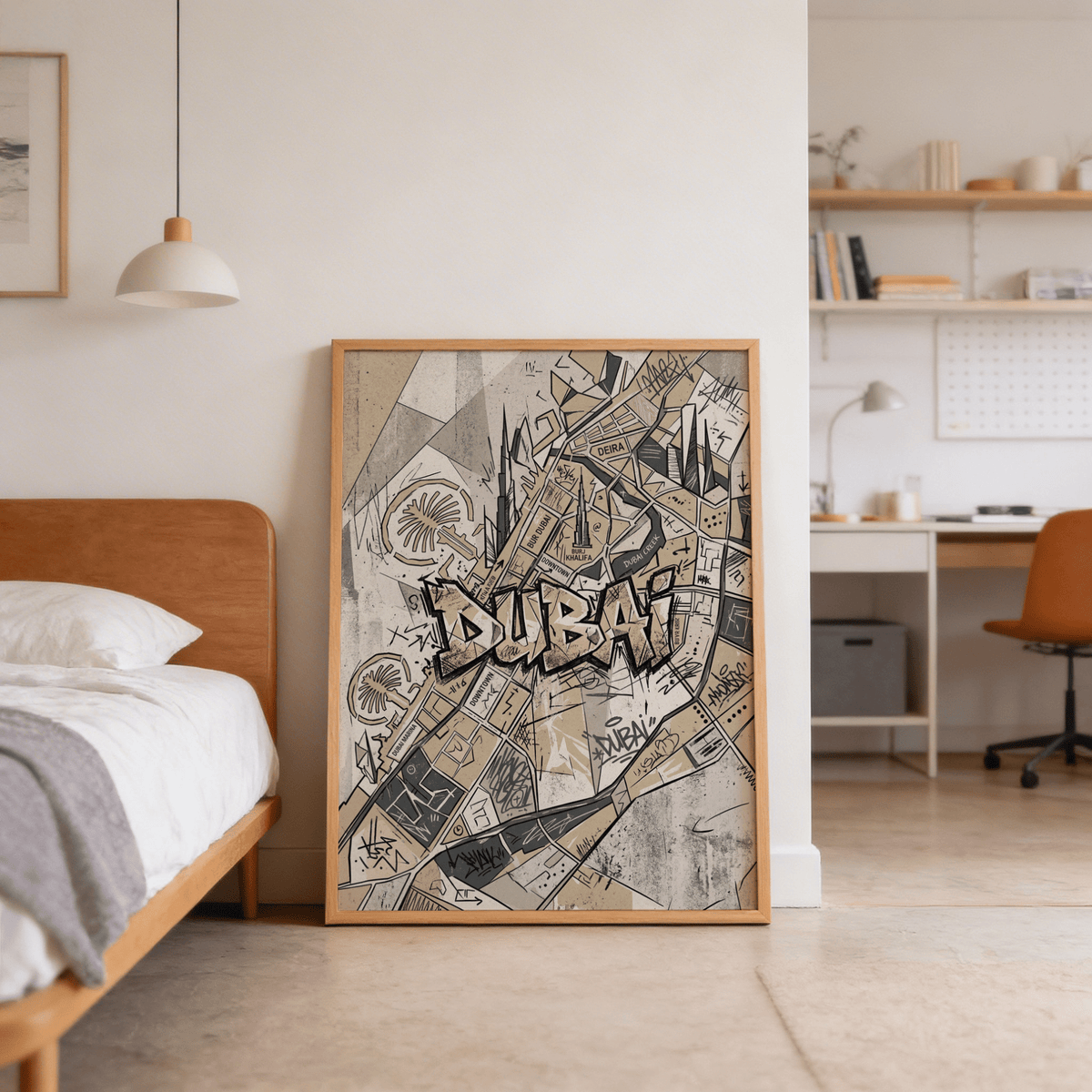 Urban Dubai Street Art print with bold “DUBAI” text across cartographic blocks