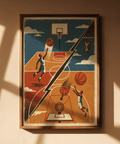 Graphic basketball print showing court lines, two backboards, and directional shadows