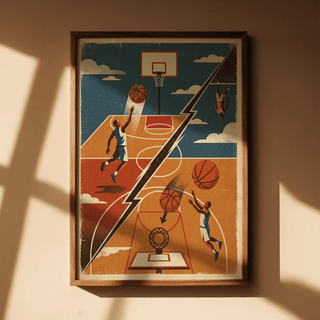 Graphic basketball print showing court lines, two backboards, and directional shadows