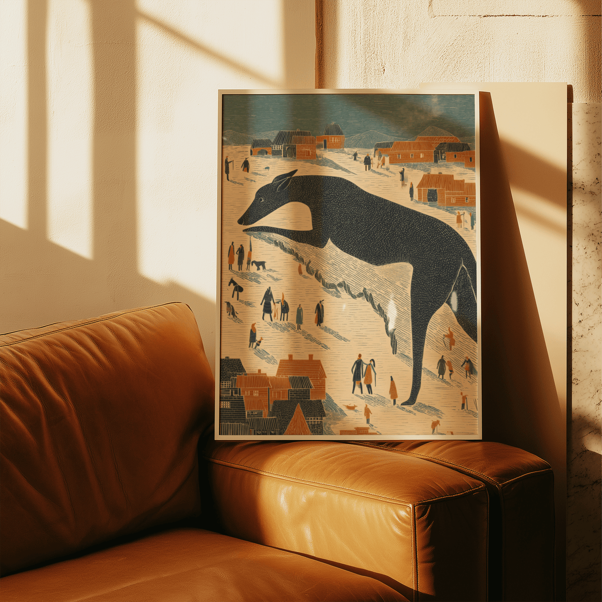 Whimsical Dog Art Print showcasing Orange houses, perfect home decor