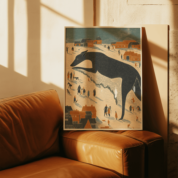 Whimsical Dog Art Print showcasing Orange houses, perfect home decor