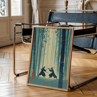 Samurai Bamboo Wall Art poster of dueling warriors framed by tall bamboo trunks