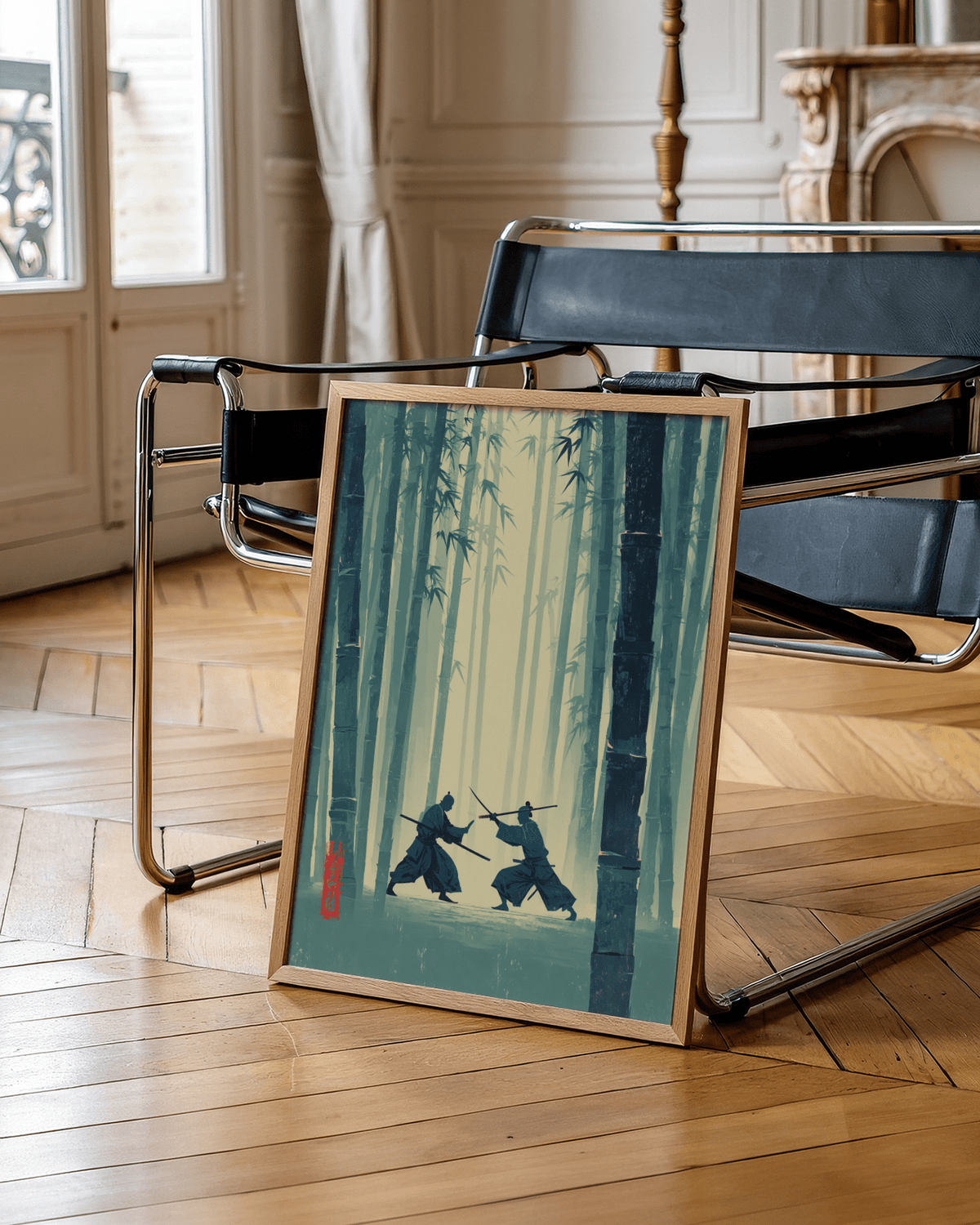 Samurai Bamboo Wall Art poster of dueling warriors framed by tall bamboo trunks