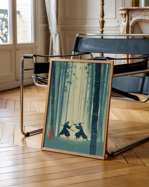 Samurai Bamboo Wall Art poster of dueling warriors framed by tall bamboo trunks