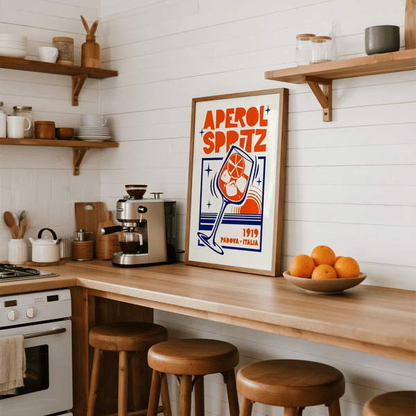 Bright Italian Cocktail Art Print in Orange and Blue for dining room