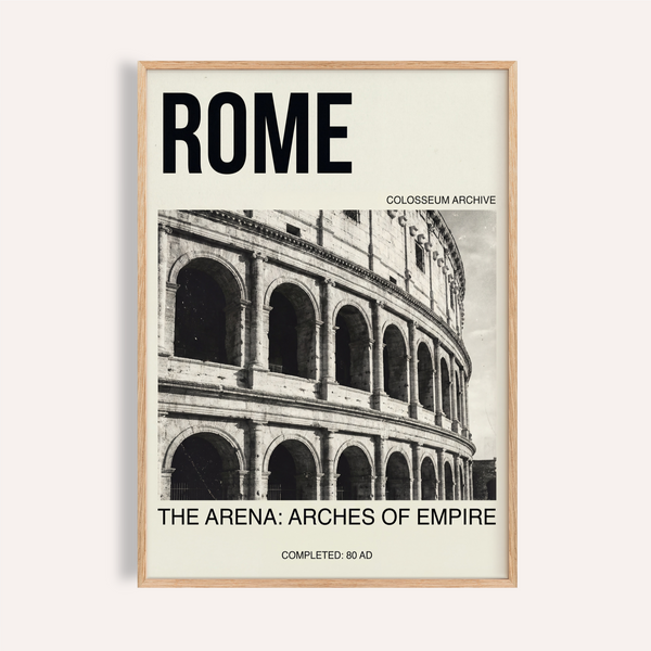 Rome Colosseum Wall Art poster with bold ROME title and arched facade photo