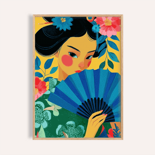 Framed close-up of Geisha Pop Art showing a geisha with a blue fan and vibrant floral elements