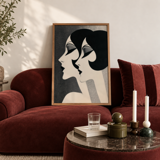 Displaying bold curved hair and sharp eyeliner shapes, Art Deco Female Profiles Print wall poster