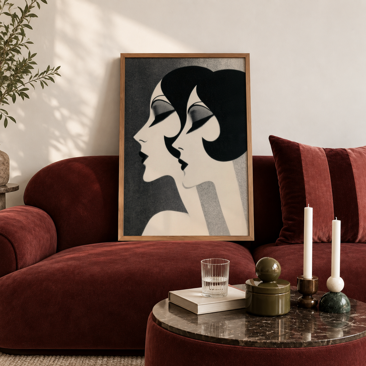 Displaying bold curved hair and sharp eyeliner shapes, Art Deco Female Profiles Print wall poster