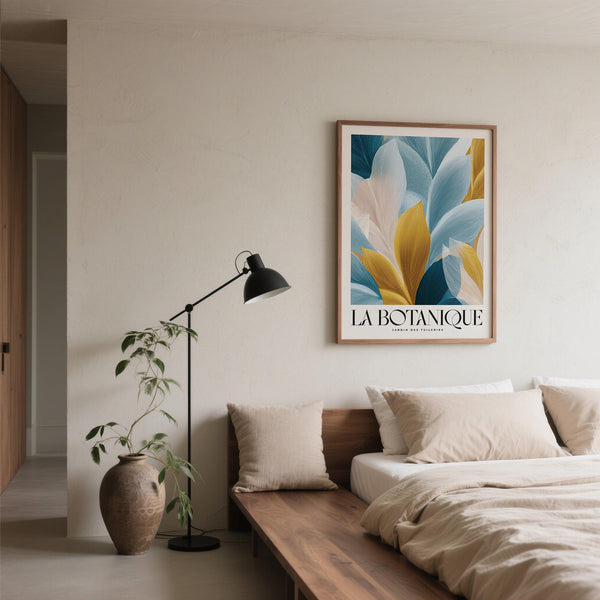 Contemporary botanical poster, wall art blue and gold