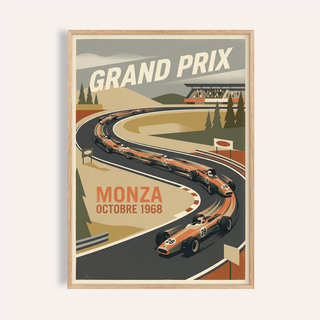 Vintage Monza Grand Prix Art Print poster showing open-wheel race cars on a sweeping curve