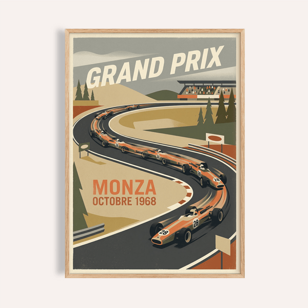 Vintage Monza Grand Prix Art Print poster showing open-wheel race cars on a sweeping curve