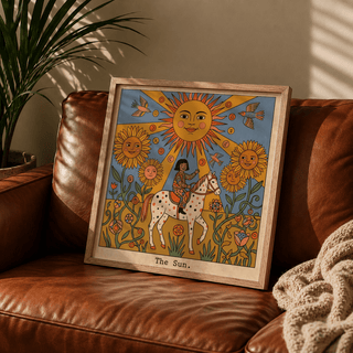 Detailed tarot card poster print highlighting sunflowers, curling vines, and geometric emblems