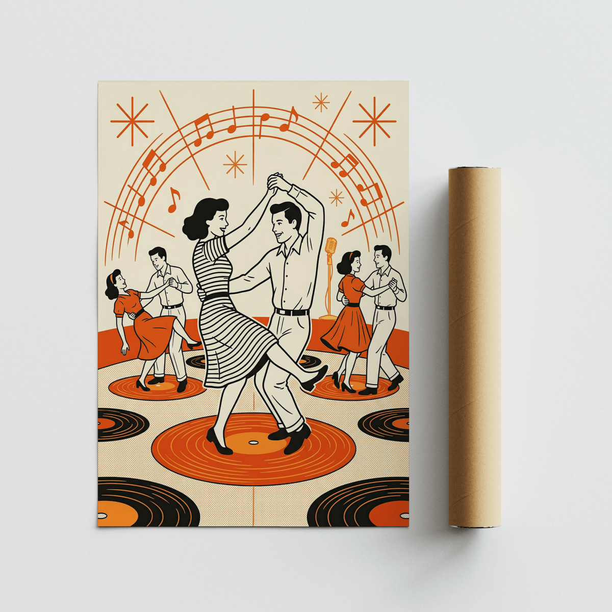 Orange, Beige, Black dance wall art poster with record circles and music staff