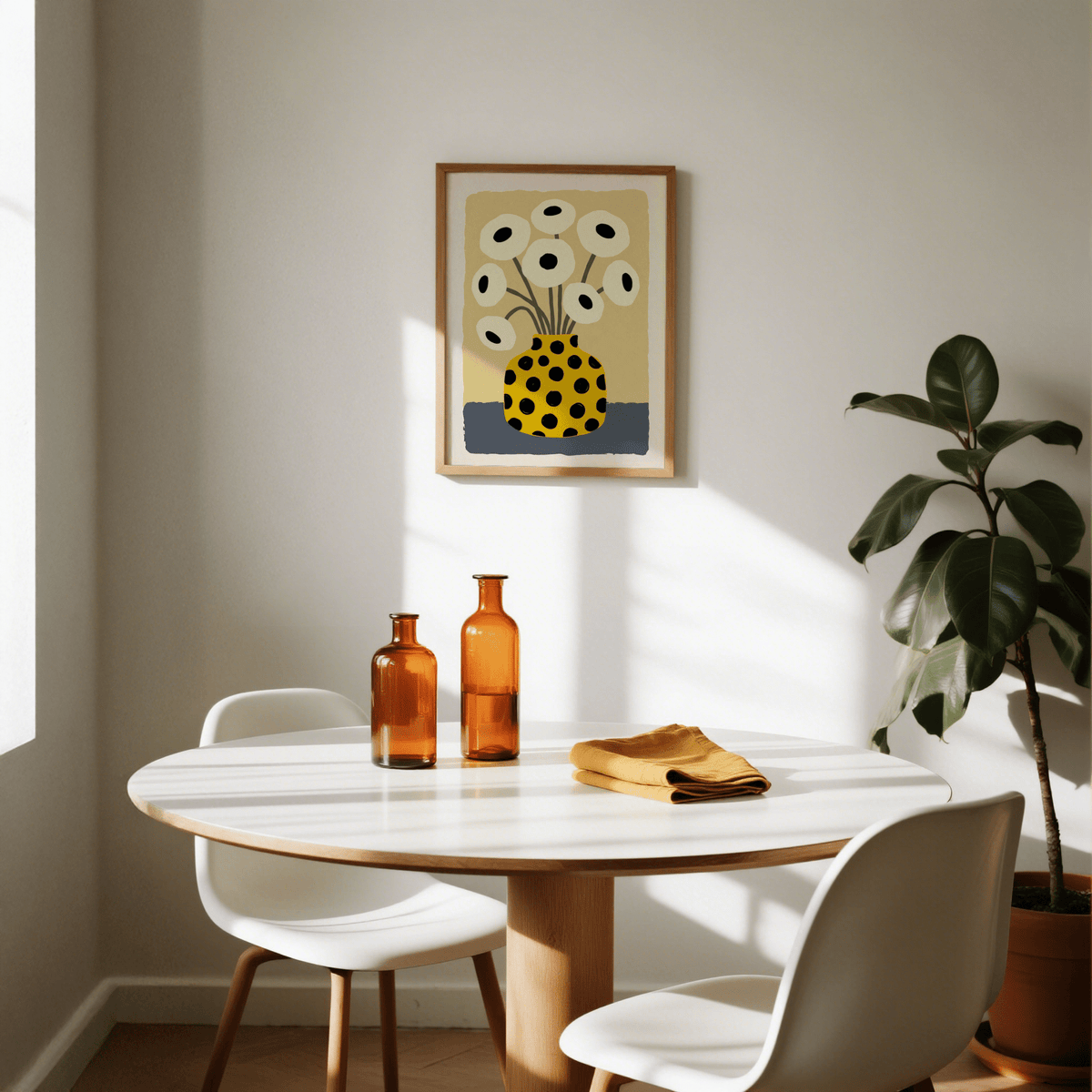Stylish Yellow Vase Poster in Yellow, Black, Beige, Blue for reading nook wall art