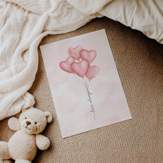 Love Heart Balloon Art Print showing five watercolor hearts tied with thin strings