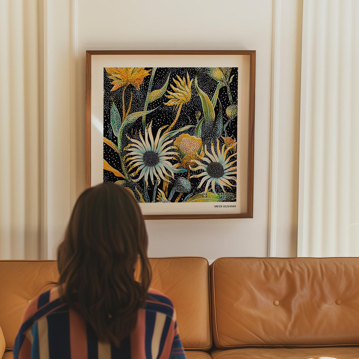 Abstract Art Floral composition with flowing leaves and Kusama-style dot patterns.