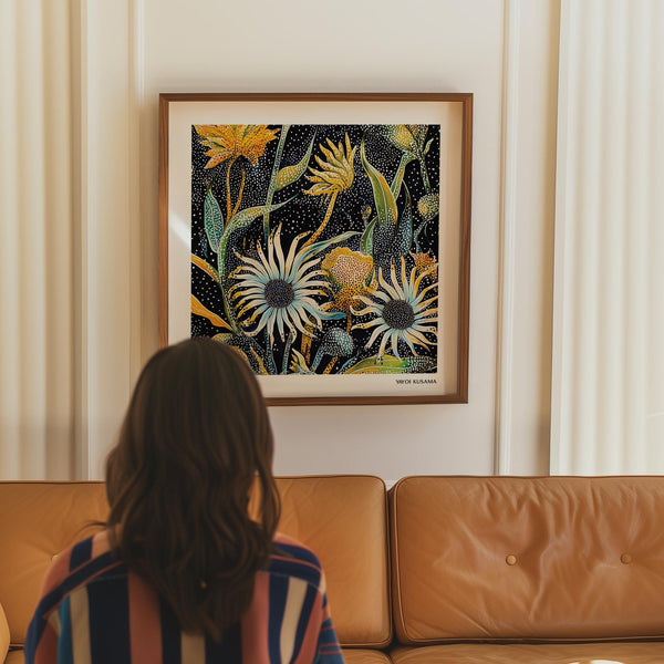 Abstract Art Floral composition with flowing leaves and Kusama-style dot patterns.