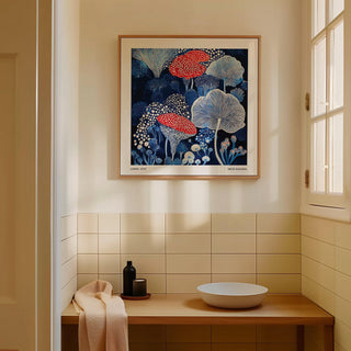 Abstract fungi cluster in a mushroom poster with modern botanical details.