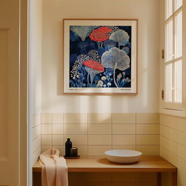 Abstract fungi cluster in a mushroom poster with modern botanical details.