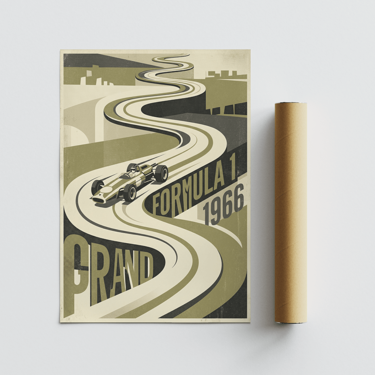 Limited-palette racing poster print featuring sweeping track ribbons, FORMULA 1 1966 headline, and GRAND text