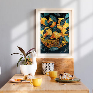 Lemon wall art with golden citrus and contemporary art-inspired pattern.
