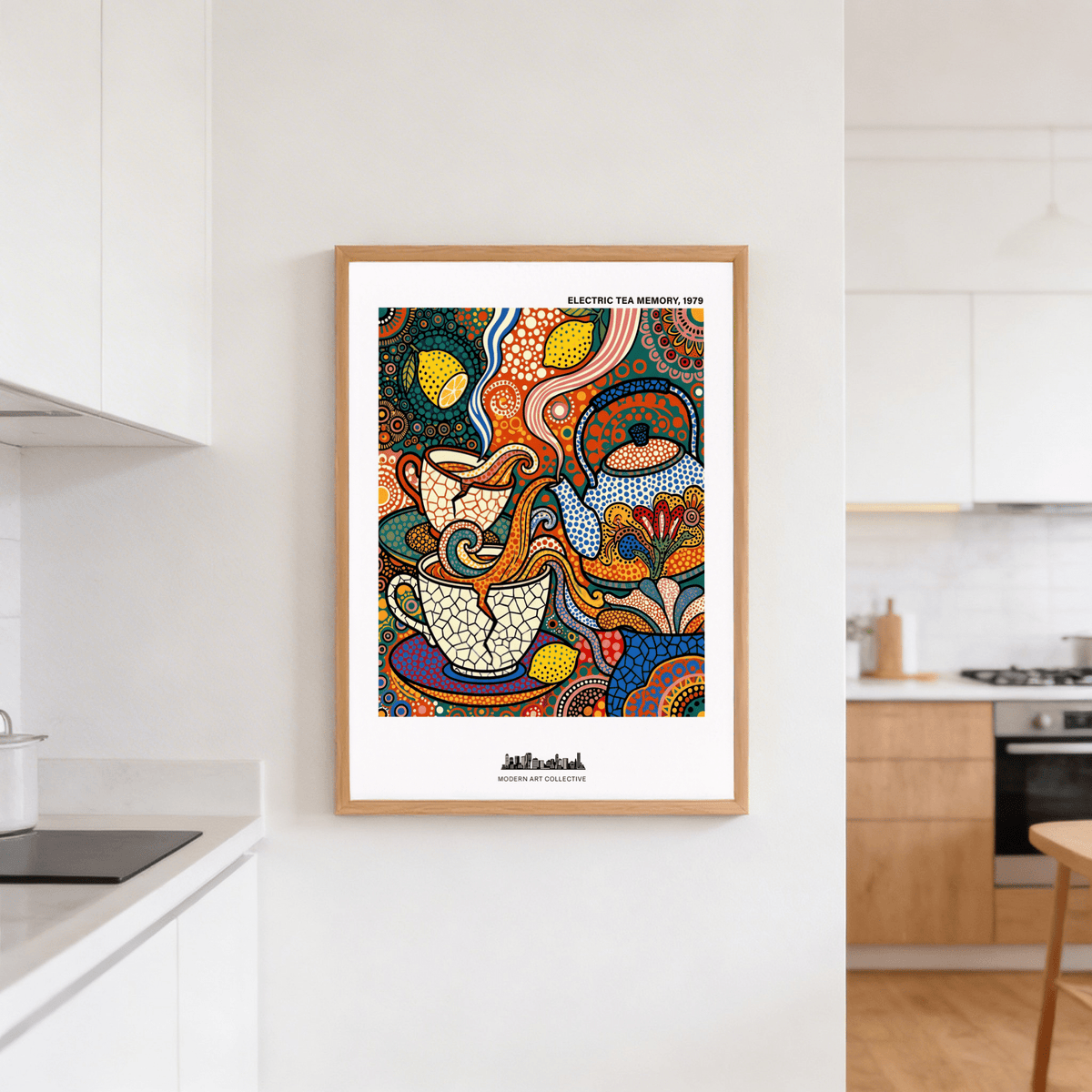 Colorful Tea Time Wall Art poster with teapot, teacups, and fruit accents