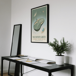 Typographic piece reading “The Infinite Green” with golf imagery, Surreal Golf Art