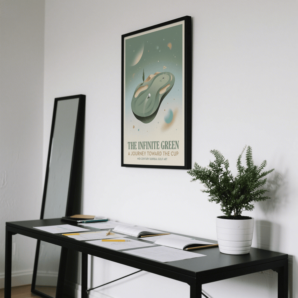 Typographic piece reading “The Infinite Green” with golf imagery, Surreal Golf Art