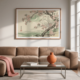 Full composition of herons, moon, and waves in Heron Wall Art design