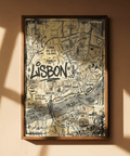 Illustrated Lisbon street map poster with central Lisbon word and directional arrows