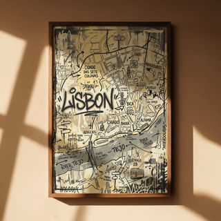 Illustrated Lisbon street map poster with central Lisbon word and directional arrows