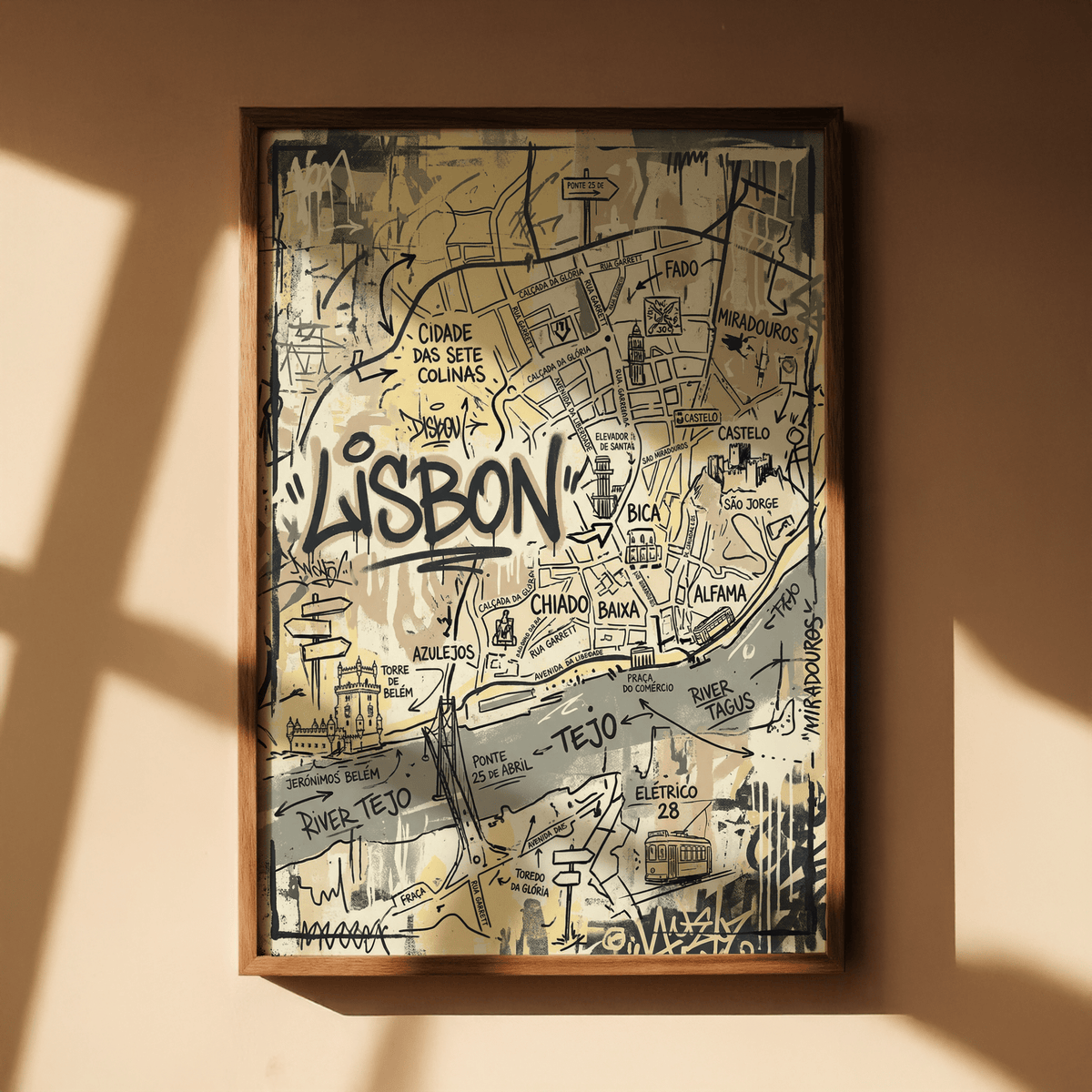 Illustrated Lisbon street map poster with central Lisbon word and directional arrows