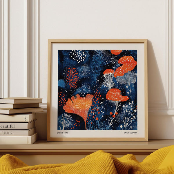 Unique Living Room Wall Art with Yayoi Kusama–inspired dotted floral design.