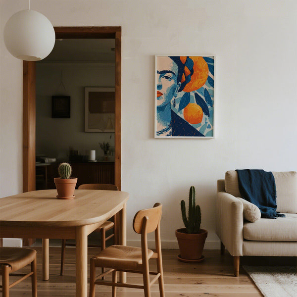 Frida Kahlo Gifts print with vivid citrus fruit and cobalt blue highlights.