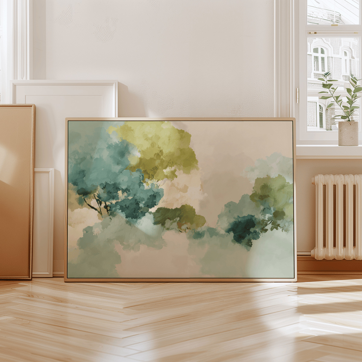 Modern Green Abstract Art poster in Green and Beige for dining area