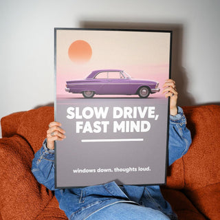 A dreamy pastel horizon behind a classic car in this Vintage Car Wall Art.