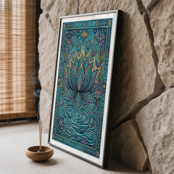 Colorful Nature Print depicting folk-inspired lotus, birds, and dragonflies