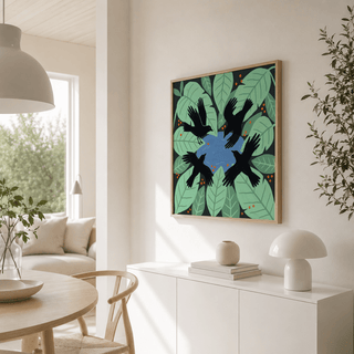 Top-down composition wall art print with circular pond centerpiece and crows in flight